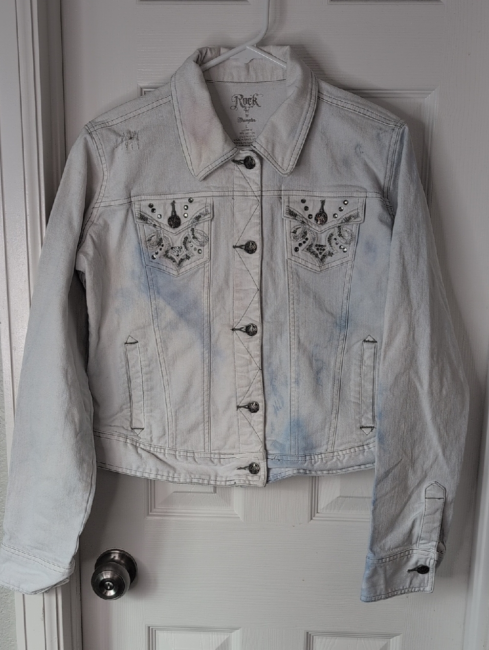 Rock 47 By Wrangler Womens Light Blue Embellished Denim Jacket Size L
